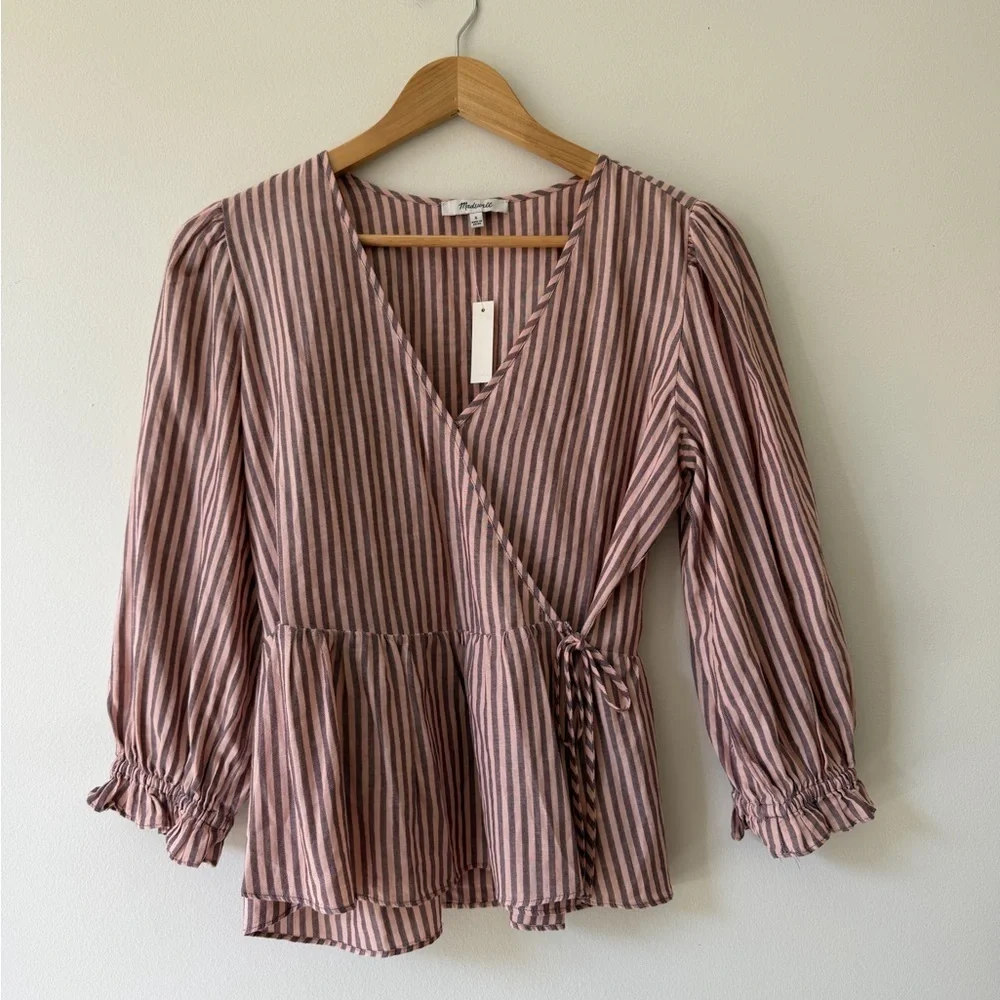 Madewell Stripe Wrap Blouse Puff Sleeve Cotton Puff Sleeve 3/4 Sleeve Small